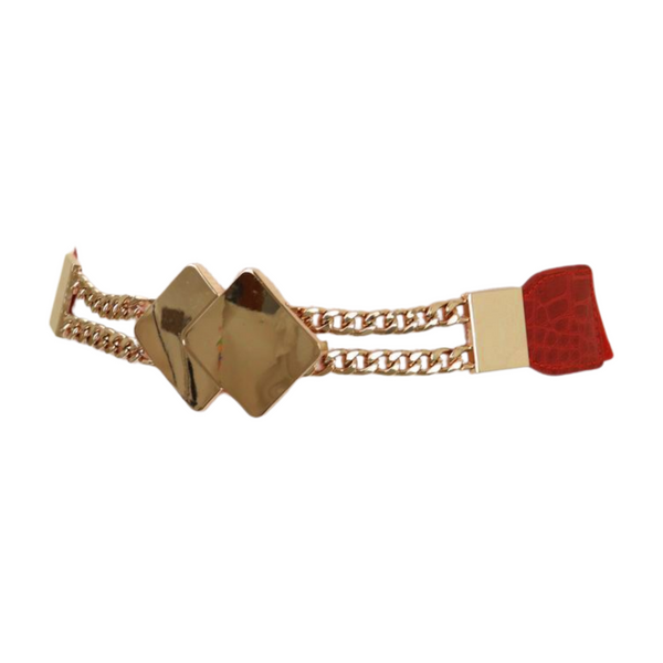 Brand New Women Gold Metal Squares Buckle Fashion Red Elastic Band Belt S M