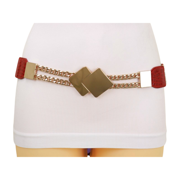 Brand New Women Gold Metal Squares Buckle Fashion Red Elastic Band Belt S M