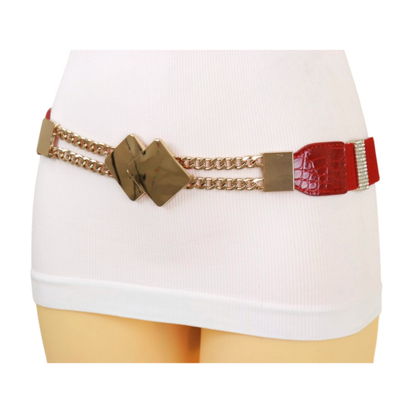 Brand New Women Gold Metal Squares Buckle Fashion Red Elastic Band Belt S M