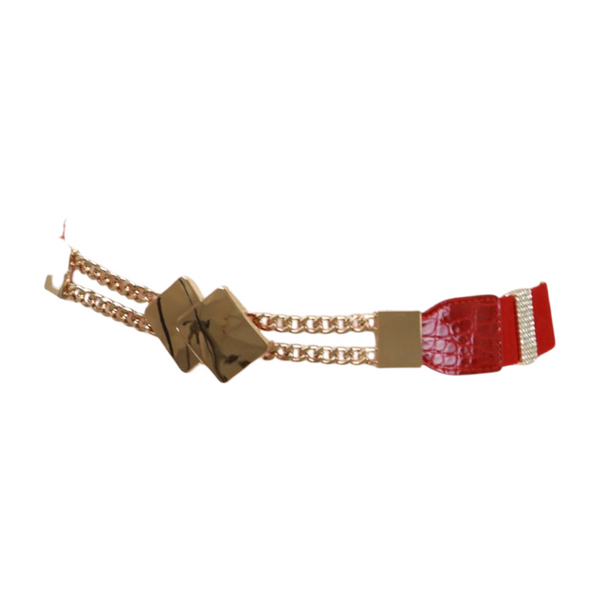 Brand New Women Gold Metal Squares Buckle Fashion Red Elastic Band Belt S M