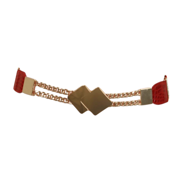 Brand New Women Gold Metal Squares Buckle Fashion Red Elastic Band Belt S M