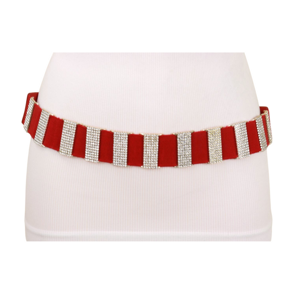 Brand New Women Gold Metal Squares Buckle Fashion Red Elastic Band Belt S M