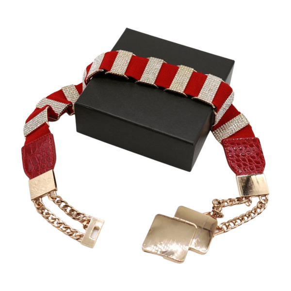 Brand New Women Gold Metal Squares Buckle Fashion Red Elastic Band Belt S M