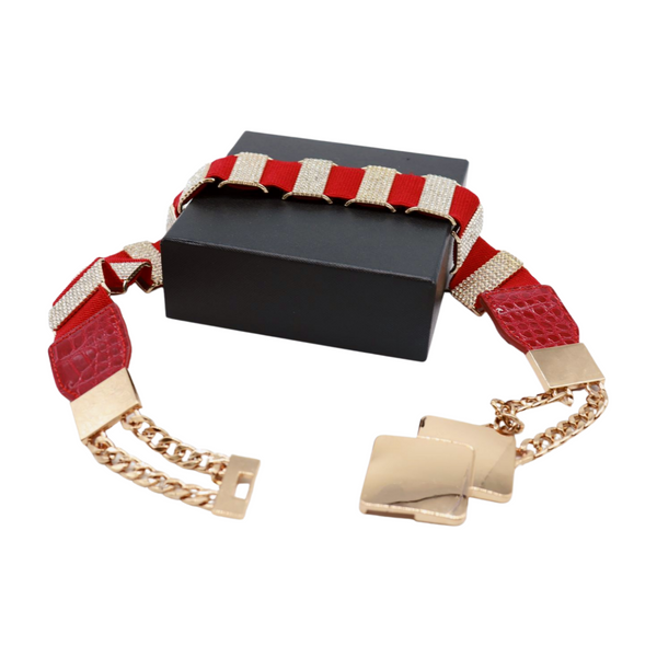 Brand New Women Gold Metal Squares Buckle Fashion Red Elastic Band Belt S M