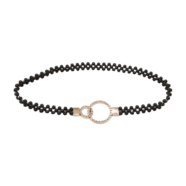 Brand New Women Black Beads Elastic Band Belt Gold Metal Circle Buckle S M