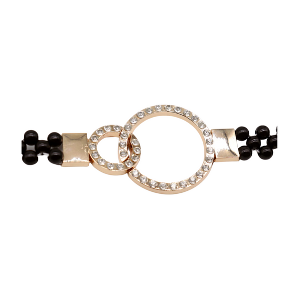Brand New Women Black Beads Elastic Band Belt Gold Metal Circle Buckle S M