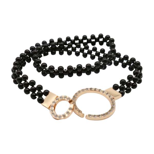 Brand New Women Black Beads Elastic Band Belt Gold Metal Circle Buckle S M