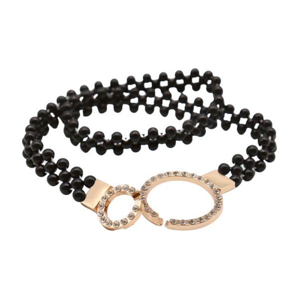 Brand New Women Black Beads Elastic Band Belt Gold Metal Circle Buckle S M