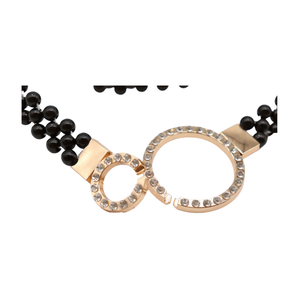 Brand New Women Black Beads Elastic Band Belt Gold Metal Circle Buckle S M