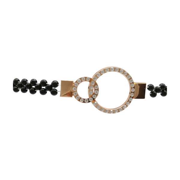 Brand New Women Black Beads Elastic Band Belt Gold Metal Circle Buckle S M