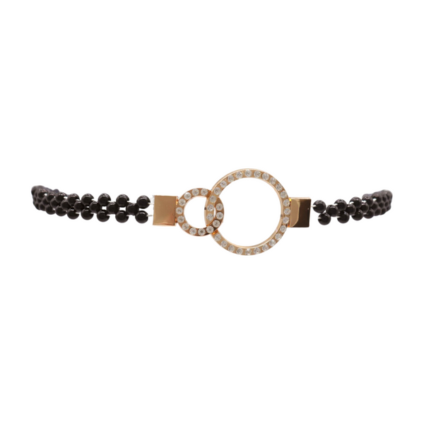 Brand New Women Black Beads Elastic Band Belt Gold Metal Circle Buckle S M
