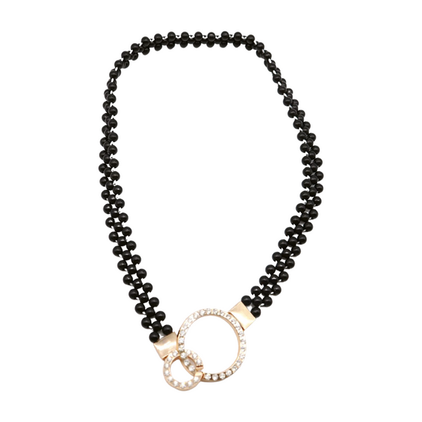 Brand New Women Black Beads Elastic Band Belt Gold Metal Circle Buckle S M