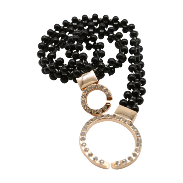 Brand New Women Black Beads Elastic Band Belt Gold Metal Circle Buckle S M