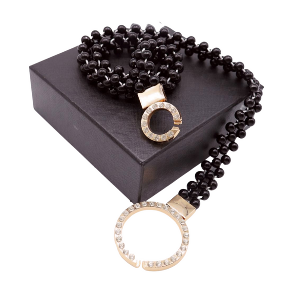 Brand New Women Black Beads Elastic Band Belt Gold Metal Circle Buckle S M