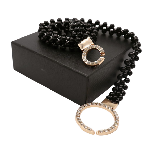Brand New Women Black Beads Elastic Band Belt Gold Metal Circle Buckle S M