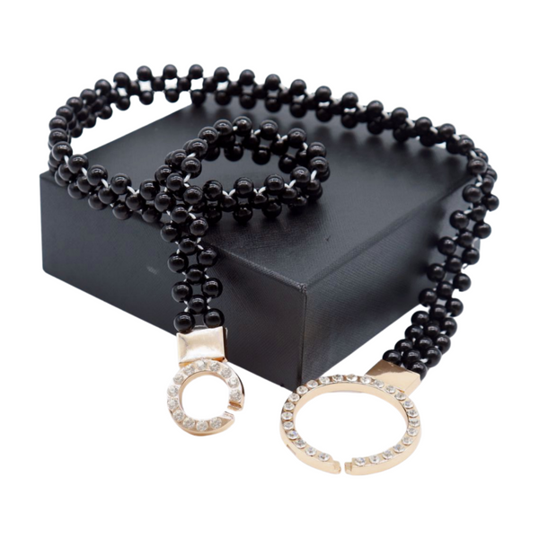 Brand New Women Black Beads Elastic Band Belt Gold Metal Circle Buckle S M