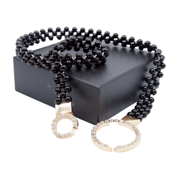 Brand New Women Black Beads Elastic Band Belt Gold Metal Circle Buckle S M