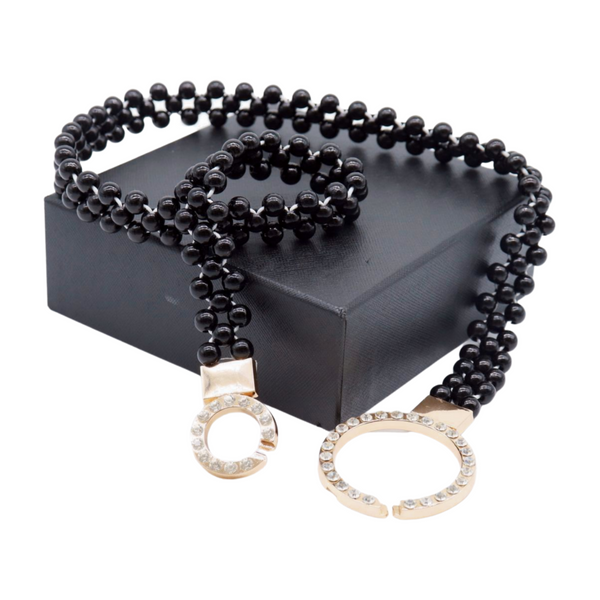 Brand New Women Black Beads Elastic Band Belt Gold Metal Circle Buckle S M