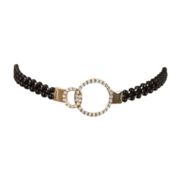 Brand New Women Black Beads Elastic Band Belt Gold Metal Circle Buckle S M