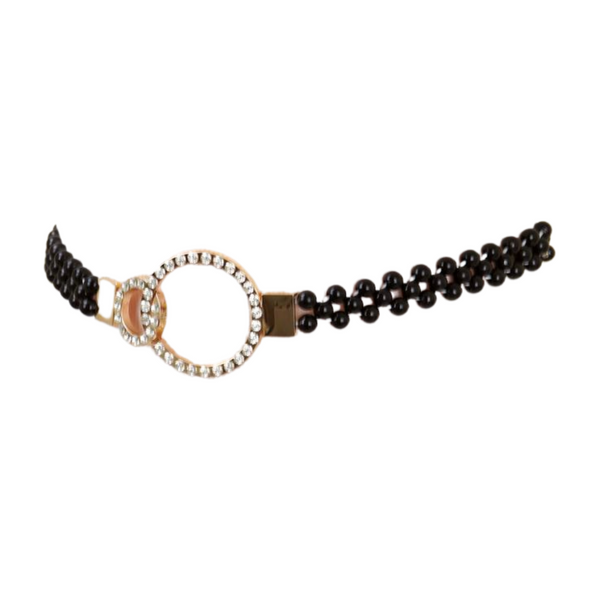 Brand New Women Black Beads Elastic Band Belt Gold Metal Circle Buckle S M