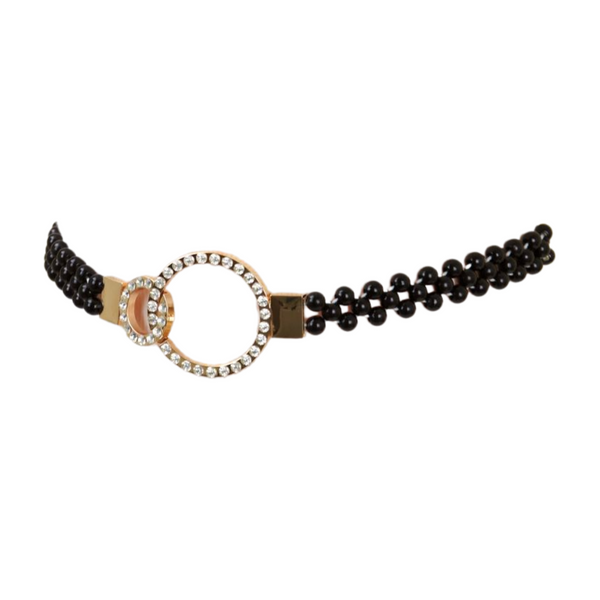 Brand New Women Black Beads Elastic Band Belt Gold Metal Circle Buckle S M