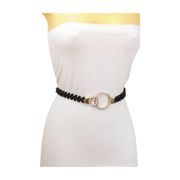 Brand New Women Black Beads Elastic Band Belt Gold Metal Circle Buckle S M
