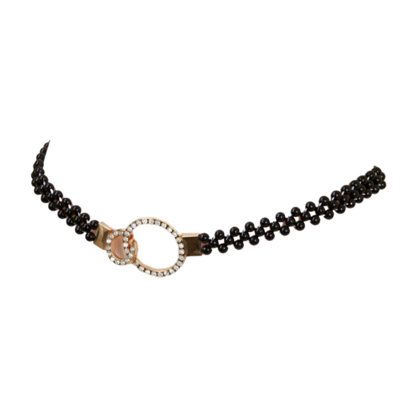 Brand New Women Black Beads Elastic Band Belt Gold Metal Circle Buckle S M