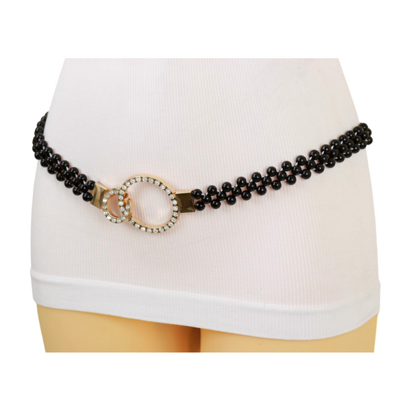 Brand New Women Black Beads Elastic Band Belt Gold Metal Circle Buckle S M