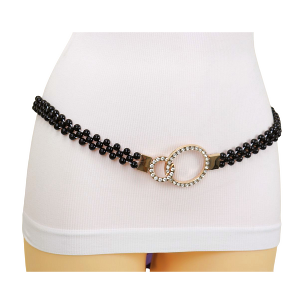 Brand New Women Black Beads Elastic Band Belt Gold Metal Circle Buckle S M