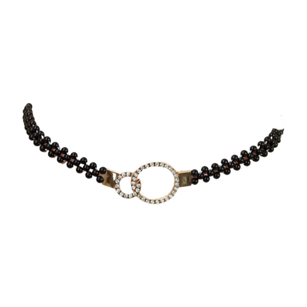 Brand New Women Black Beads Elastic Band Belt Gold Metal Circle Buckle S M