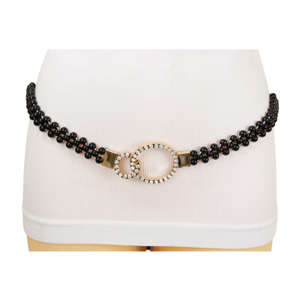 Brand New Women Black Beads Elastic Band Belt Gold Metal Circle Buckle S M