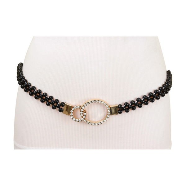 Brand New Women Black Beads Elastic Band Belt Gold Metal Circle Buckle S M