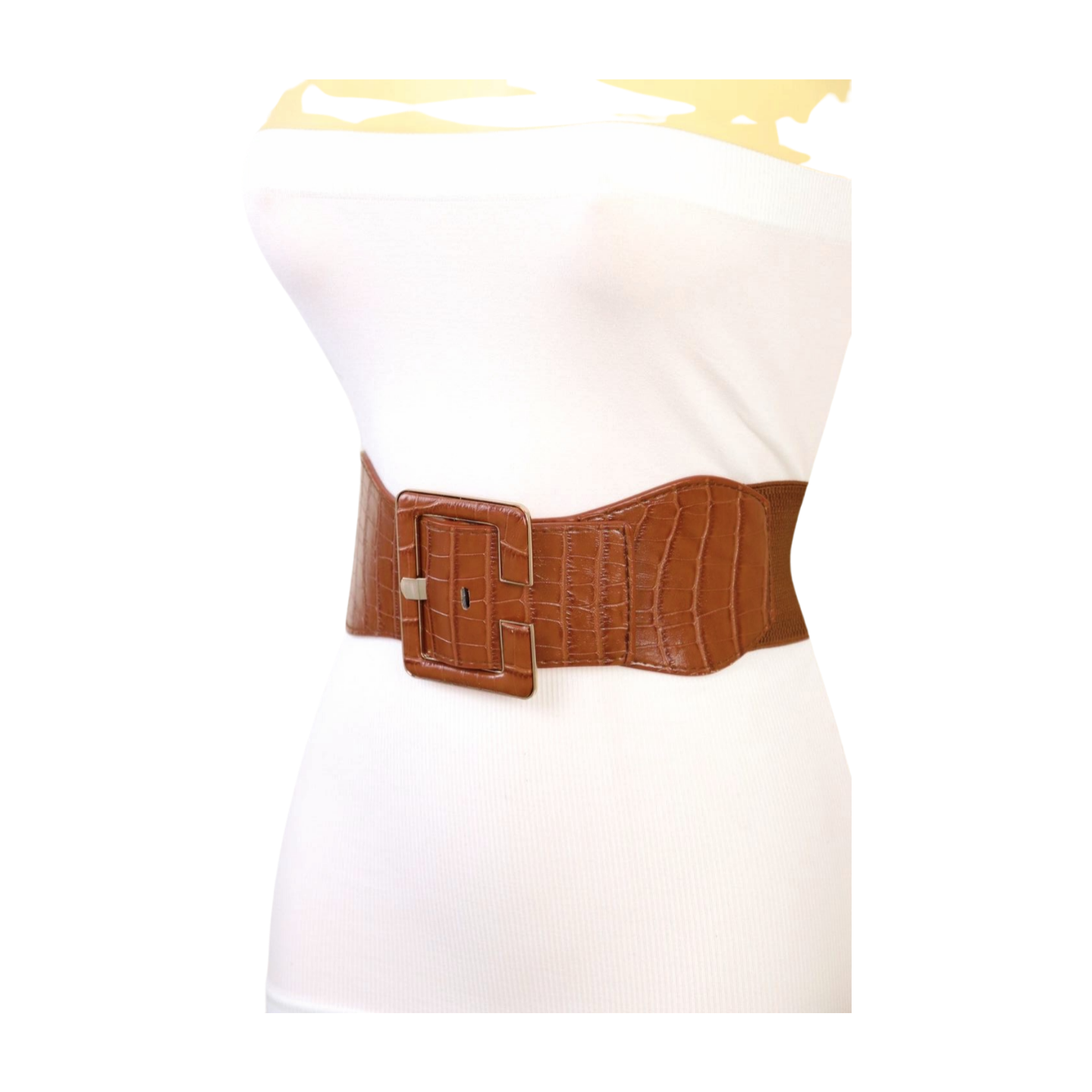3545 Wide Elastic Stretch Retro Metal Interlock Buckle Belt (light Brown Women Elastic Brown Fashionable Wide Belt Gold Metal Hook  main image 2
