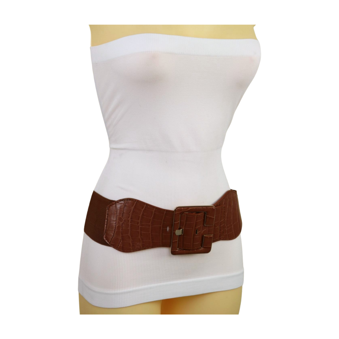 New Women Brown Wide Elastic Band Fashion Belt Hip High Waist Big Square Buckle S M New Women Brown Wide Elastic Band Fashion Belt Hip High Waist Big Square Buckle S M