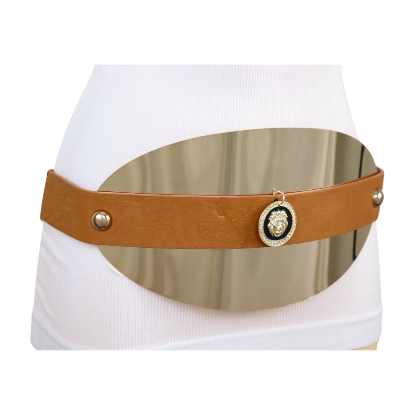 New Women Brown Elastic Waistband Belt Gold Metal Oval Plate Lion Coin alwaystyle4you New Women Brown Elastic Waistband Belt Gold Metal Oval Plate Lion Coin alwaystyle4you