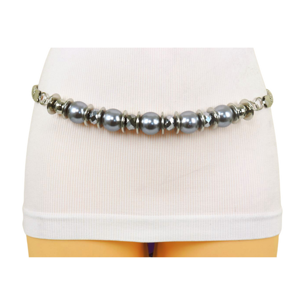 Brand New Women Silver Metal Chain Beaded Belt Gray Beads S M L