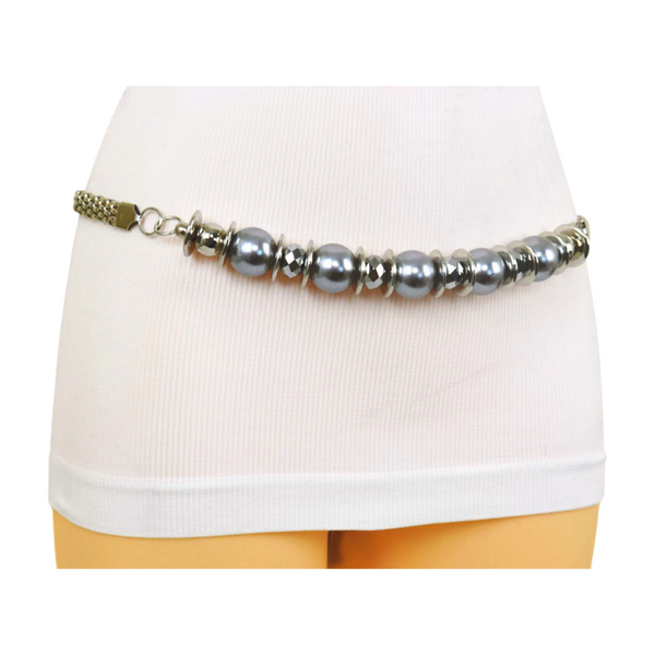 Brand New Women Silver Metal Chain Beaded Belt Gray Beads S M L