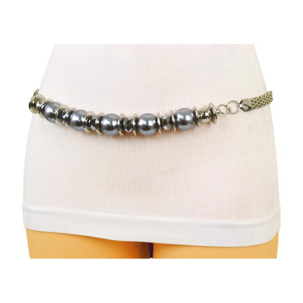 Brand New Women Silver Metal Chain Beaded Belt Gray Beads S M L