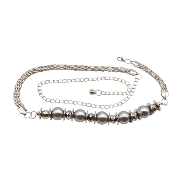 Brand New Women Silver Metal Chain Beaded Belt Gray Beads S M L