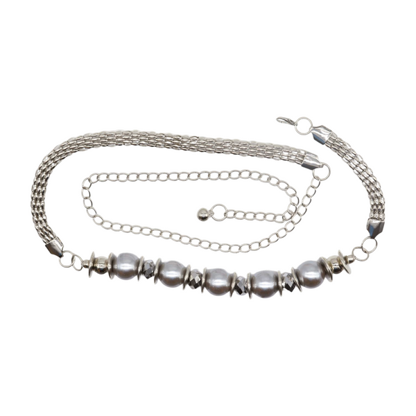 Brand New Women Silver Metal Chain Beaded Belt Gray Beads S M L