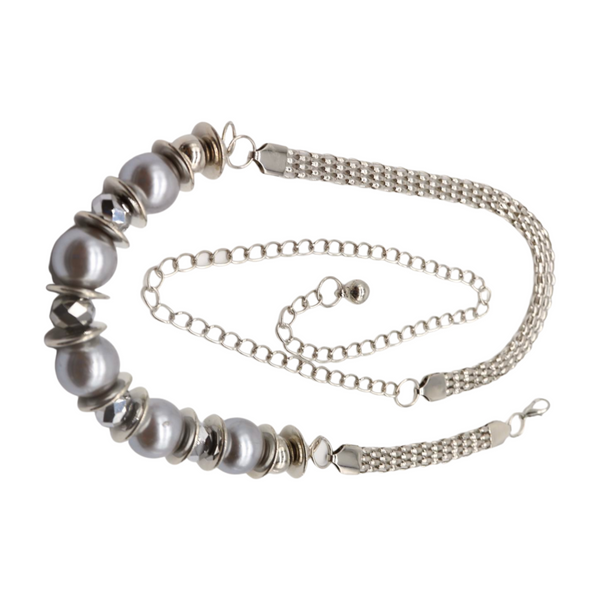 Brand New Women Silver Metal Chain Beaded Belt Gray Beads S M L