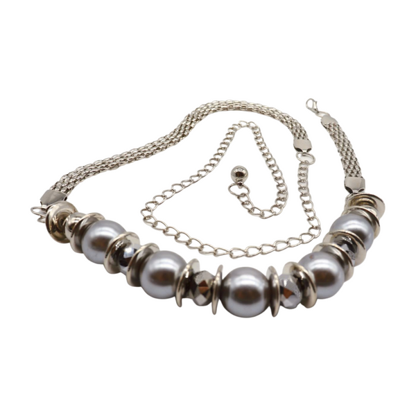Brand New Women Silver Metal Chain Beaded Belt Gray Beads S M L