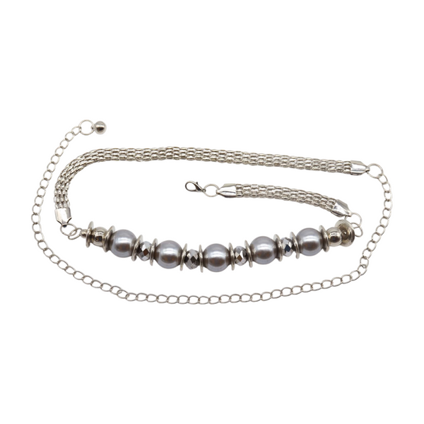 Brand New Women Silver Metal Chain Beaded Belt Gray Beads S M L