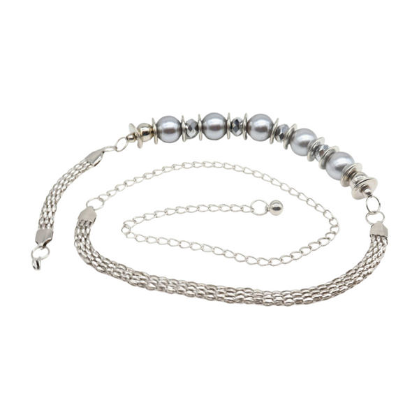 Brand New Women Silver Metal Chain Beaded Belt Gray Beads S M L