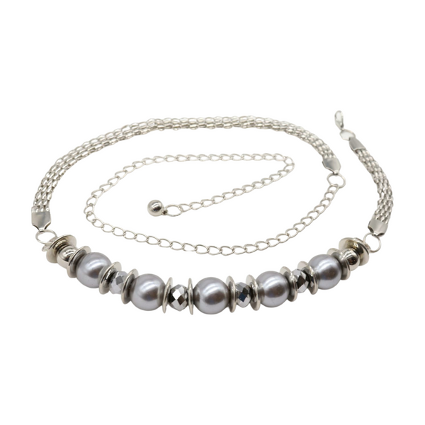 Brand New Women Silver Metal Chain Beaded Belt Gray Beads S M L