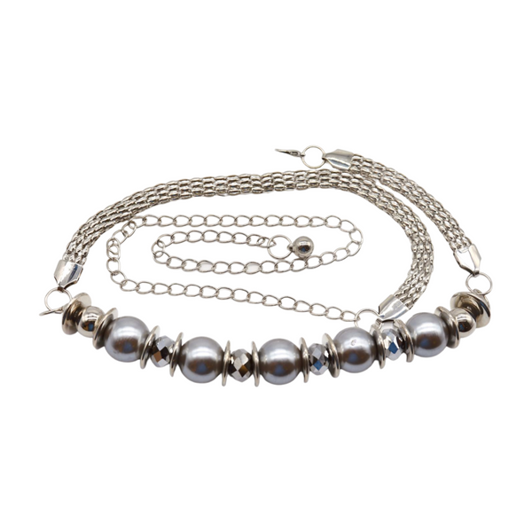 Brand New Women Silver Metal Chain Beaded Belt Gray Beads S M L