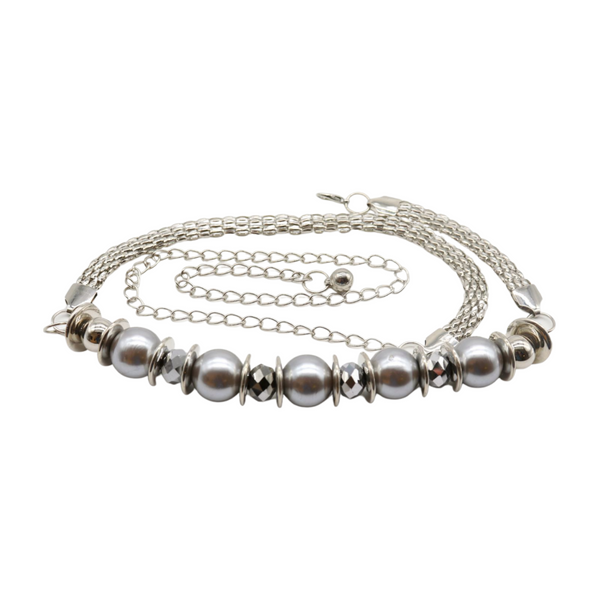 Brand New Women Silver Metal Chain Beaded Belt Gray Beads S M L