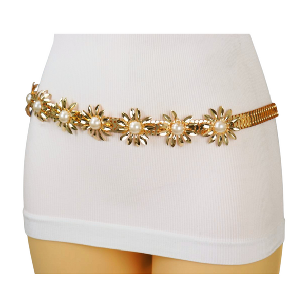 Brand New Women Gold Metal Waistband Fashion Belt Flower Charms S M
