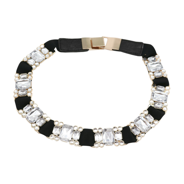 Brand New Women Black Elastic Belt Silver Bling Gold Metal Buckle S M