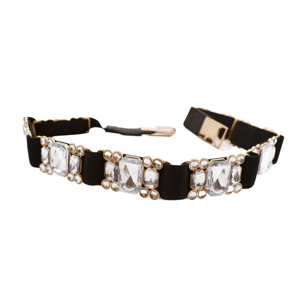 Brand New Women Black Elastic Belt Silver Bling Gold Metal Buckle S M